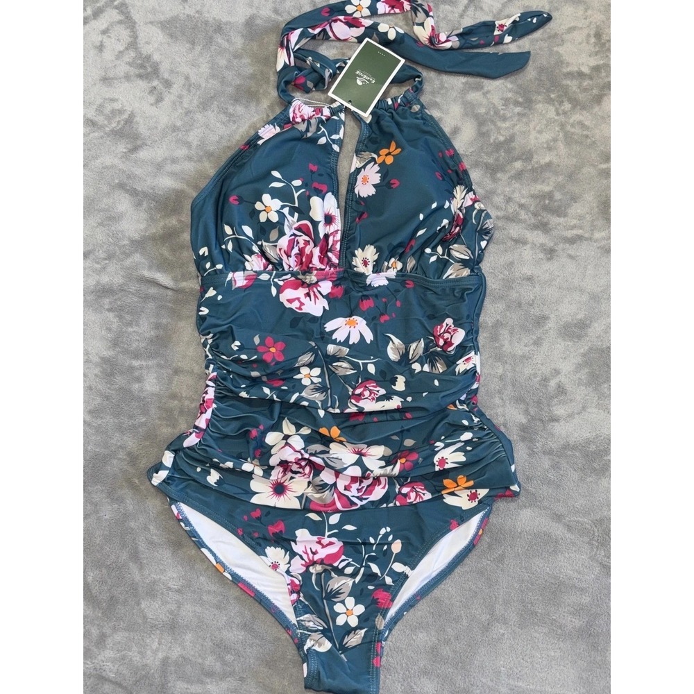 Eomenie Monokini‎ One Piece Swimsuit Women Small Blue Floral Halter Neck Ruched